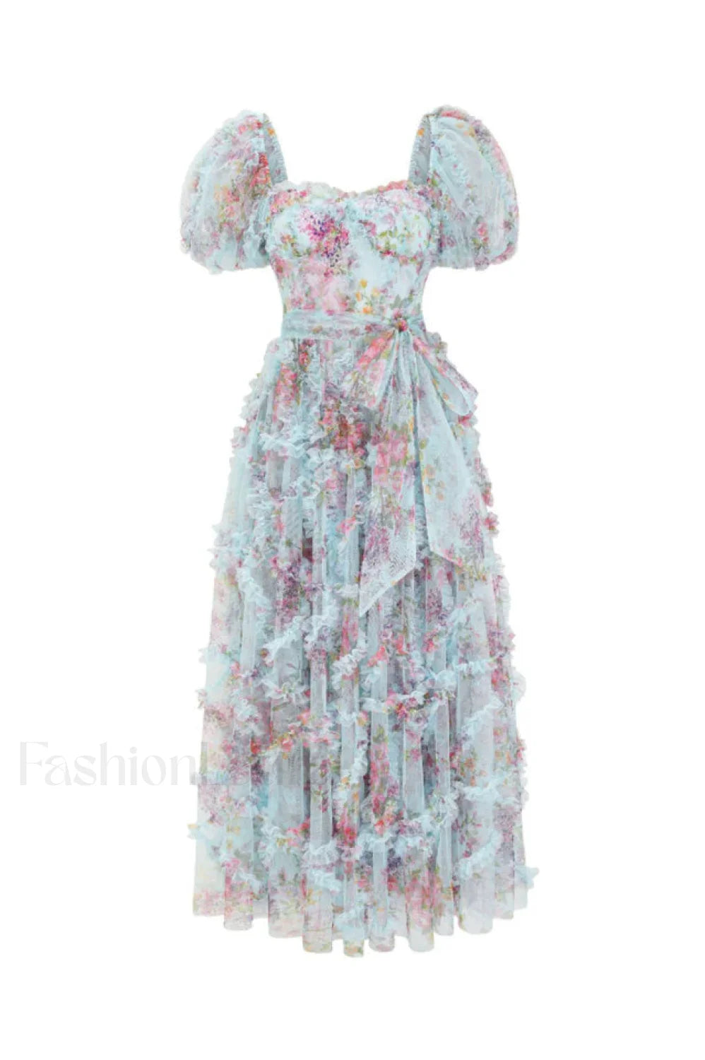 Floral Tulle Puff Sleeve Graceful Bow Tie Maxi Dress S / Blue Floral