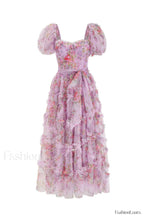 Floral Tulle Puff Sleeve Graceful Bow Tie Maxi Dress S / Lilac Floral