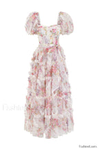 Floral Tulle Puff Sleeve Graceful Bow Tie Maxi Dress S / White Floral