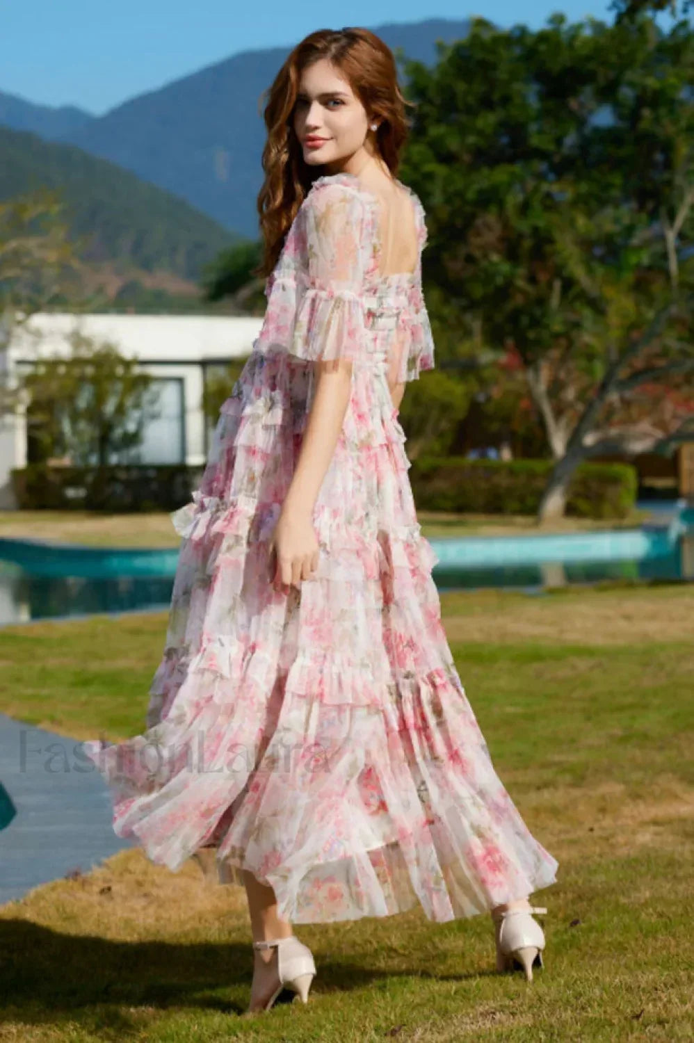 Floral Tulle Ruffle Charming Layered Maxi Dress