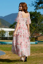 Floral Tulle Ruffle Charming Layered Maxi Dress