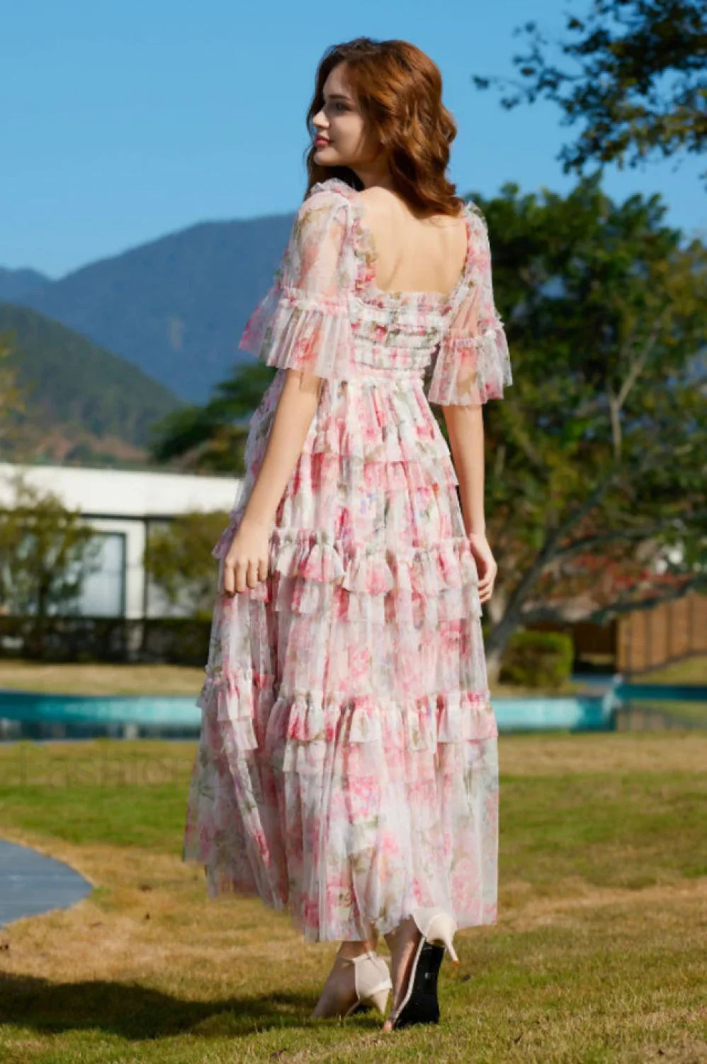 Floral Tulle Ruffle Charming Layered Maxi Dress