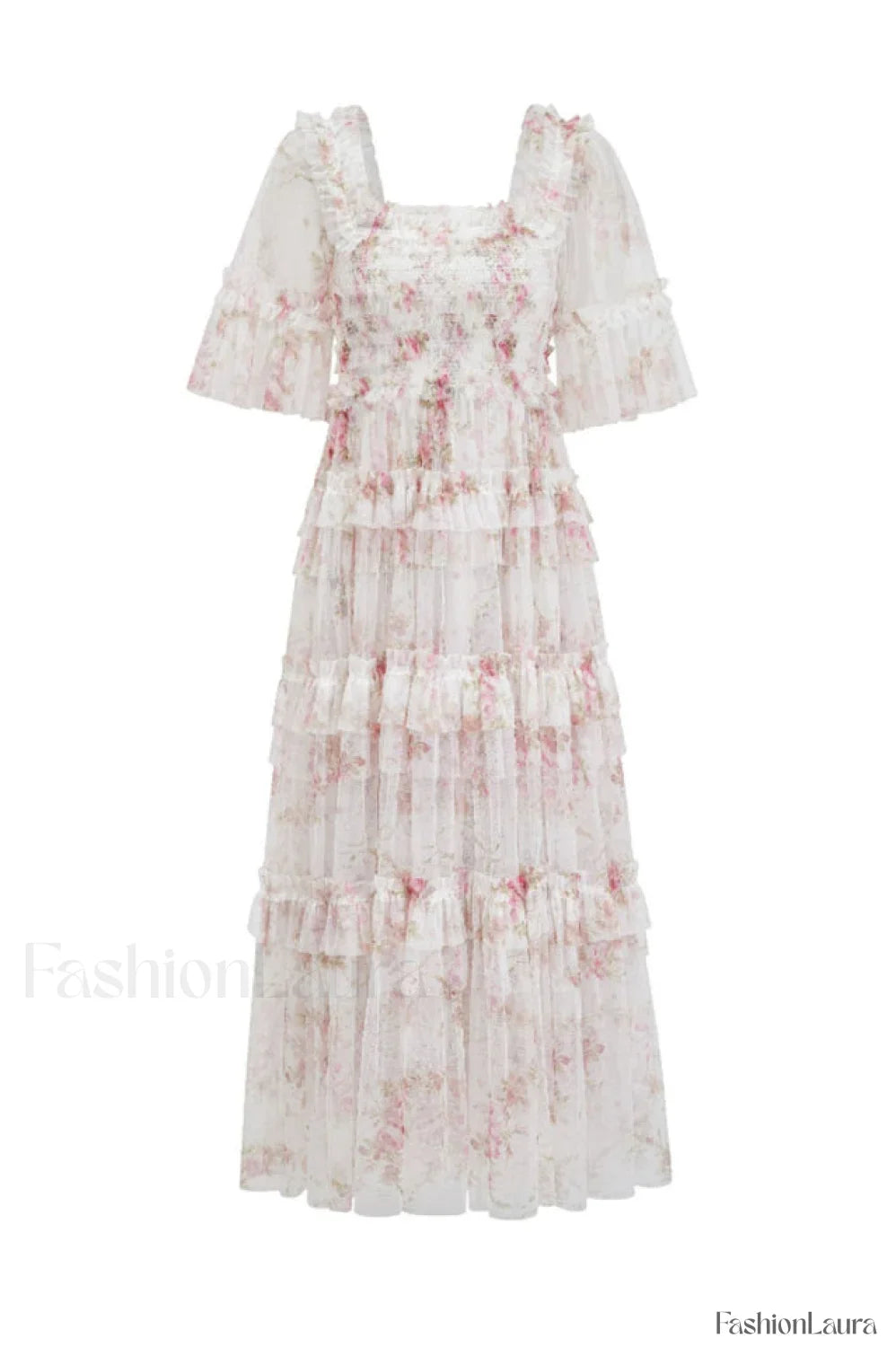 Floral Tulle Ruffle Charming Layered Maxi Dress S / 2#