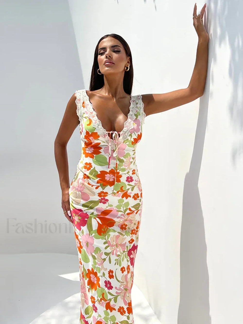 Floral V Neck Bodycon Maxi Dress