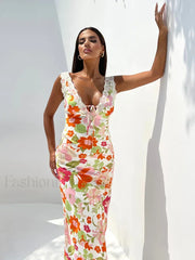 Floral V Neck Bodycon Maxi Dress
