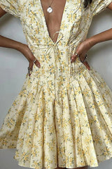 Floral V Neck Slim Fit Puff Sleeve French Retro Floral Dress