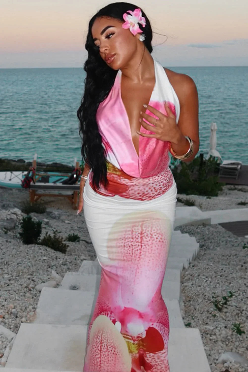 Floral Waist Cinched Backless Tie Maxi Dress Pink / S