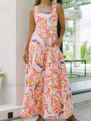 Floral Wide Strap A Line Maxi Dress pink / S