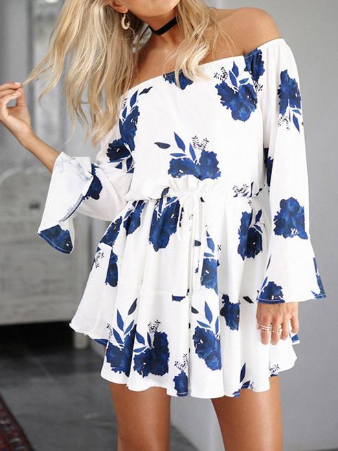 JuliaFashion-Floral Print Off The Shoulder Mini Dress