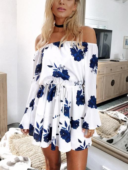 JuliaFashion-Floral Print Off The Shoulder Mini Dress