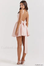 Floriane Peach Stylish Bow Mini Dress