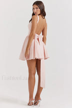 Floriane Peach Stylish Bow Mini Dress
