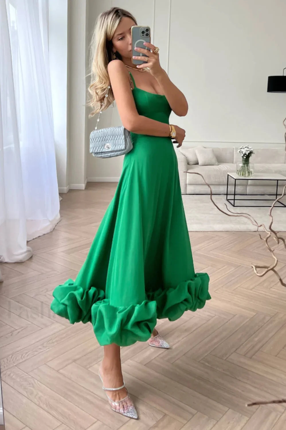 Flounce Bustier Stylish Midi Dress S / Green