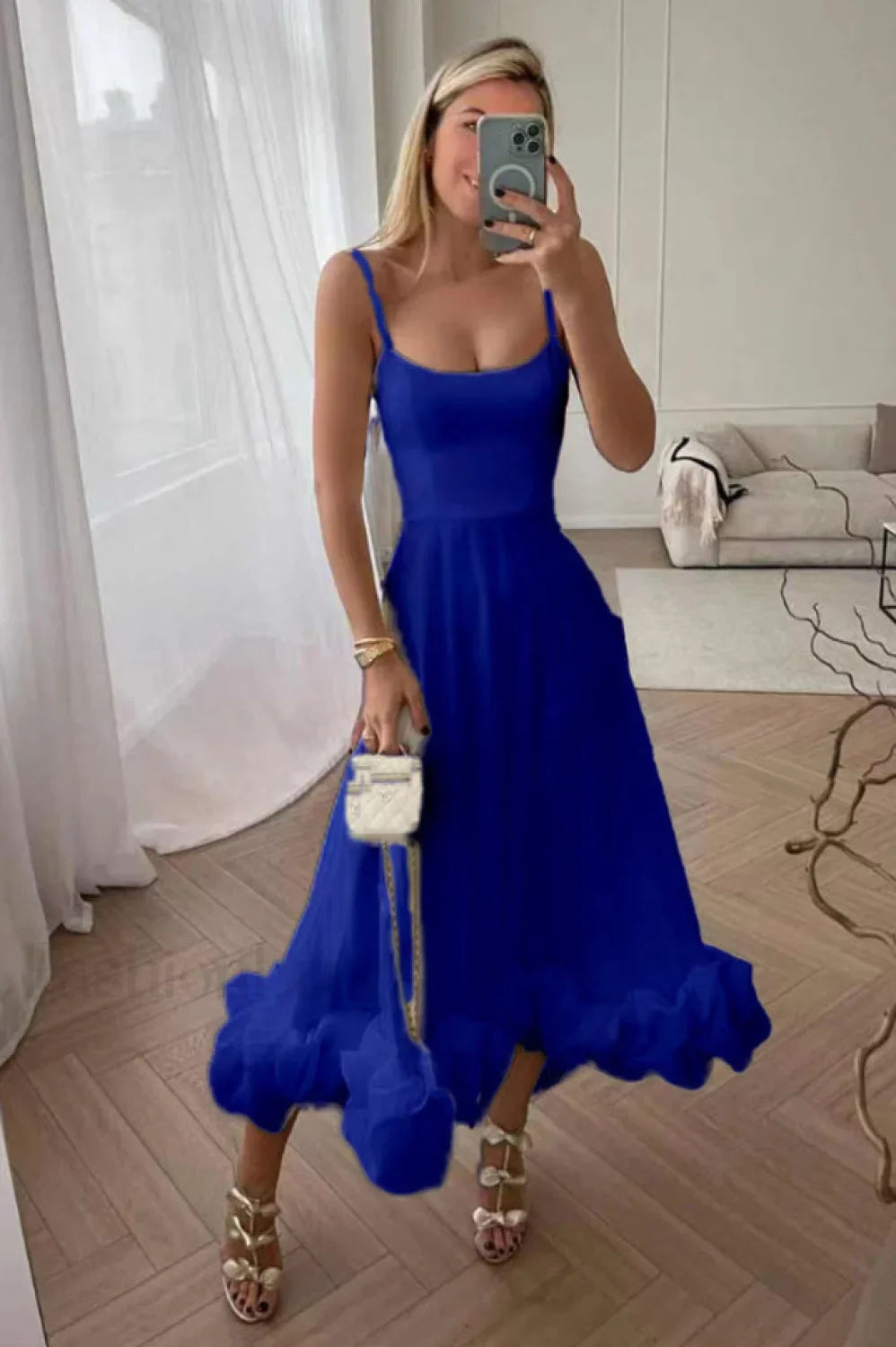 Flounce Bustier Stylish Midi Dress S / Royal Blue