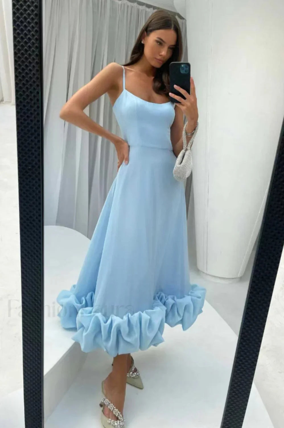 Flounce Bustier Stylish Midi Dress S / Blue