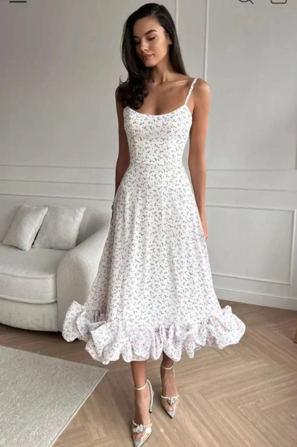 Flounce Bustier Stylish Midi Dress S / Floral