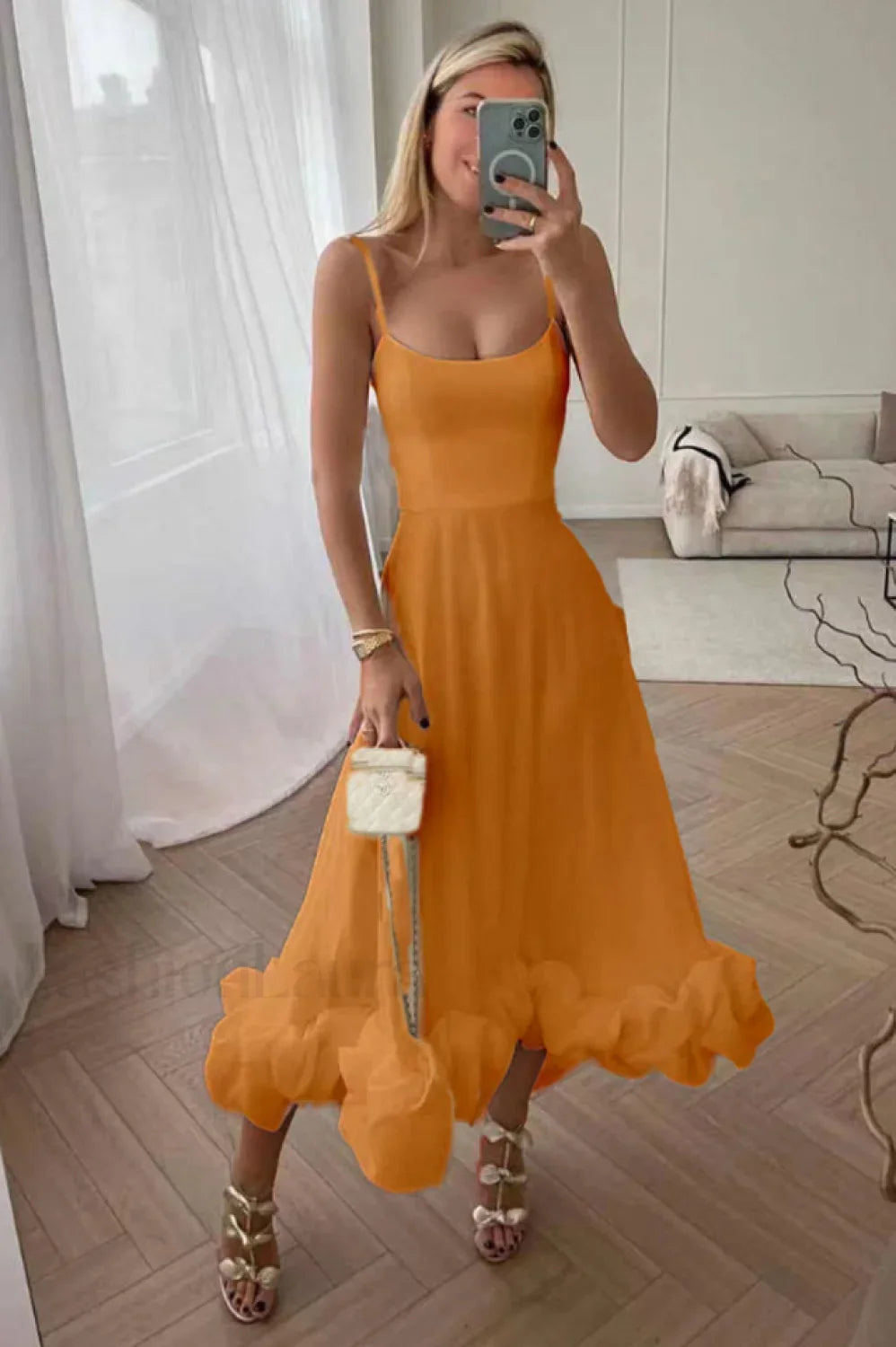 Flounce Bustier Stylish Midi Dress S / Orange
