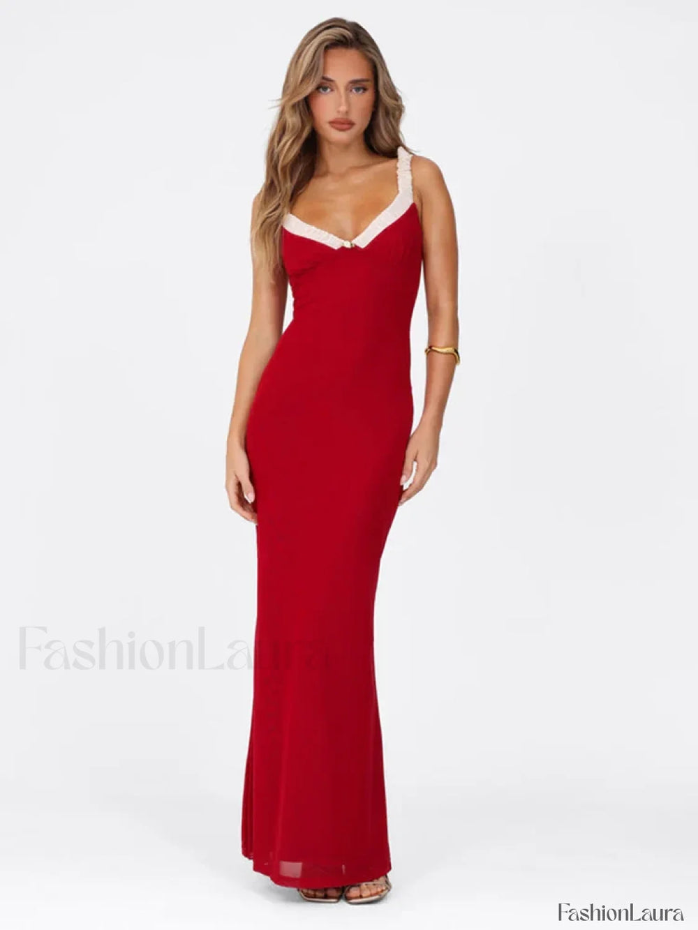 Flower Decor Red Spaghetti Maxi Dress