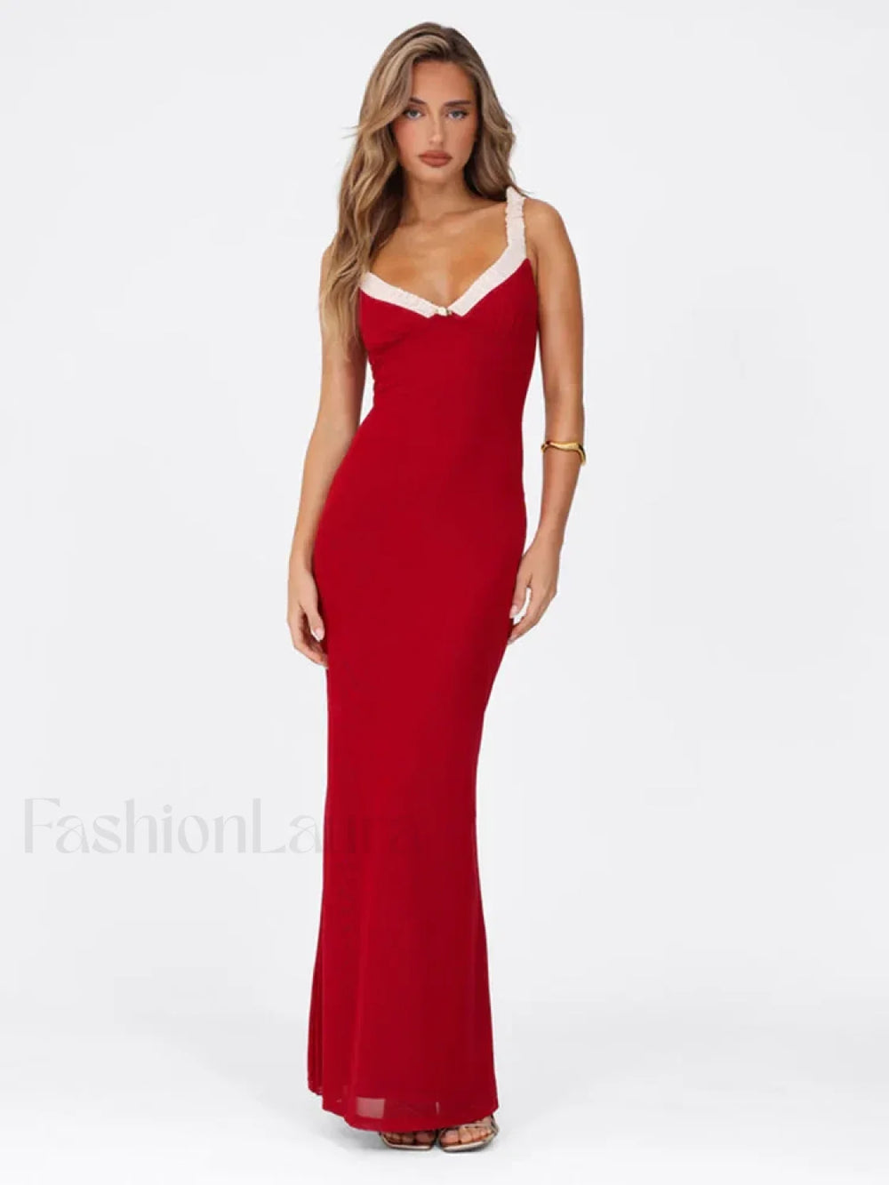 Flower Decor Red Spaghetti Maxi Dress