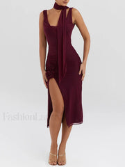 Flower High Split Midi Dress Wine Red / L