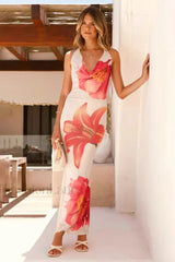 Flower Print Slim Fit Fishtail Dress French Holiday Style Red / S