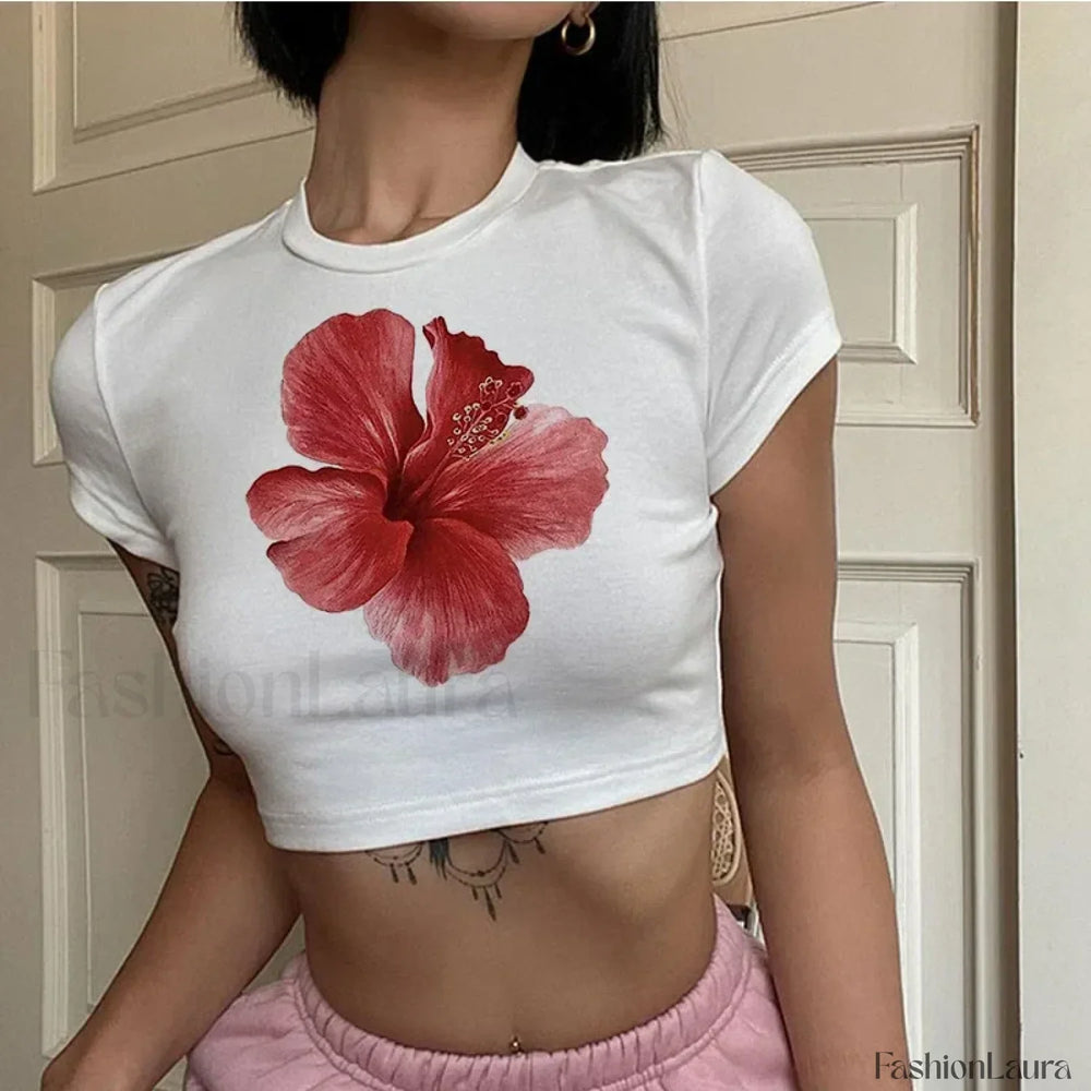 Flower Print Vintage Crop Top T Shirt white / XS