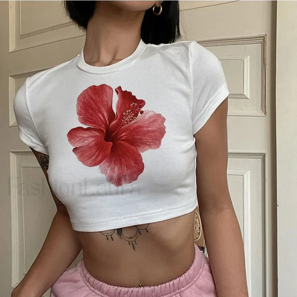 Flower Print Vintage Crop Top T Shirt white / XS