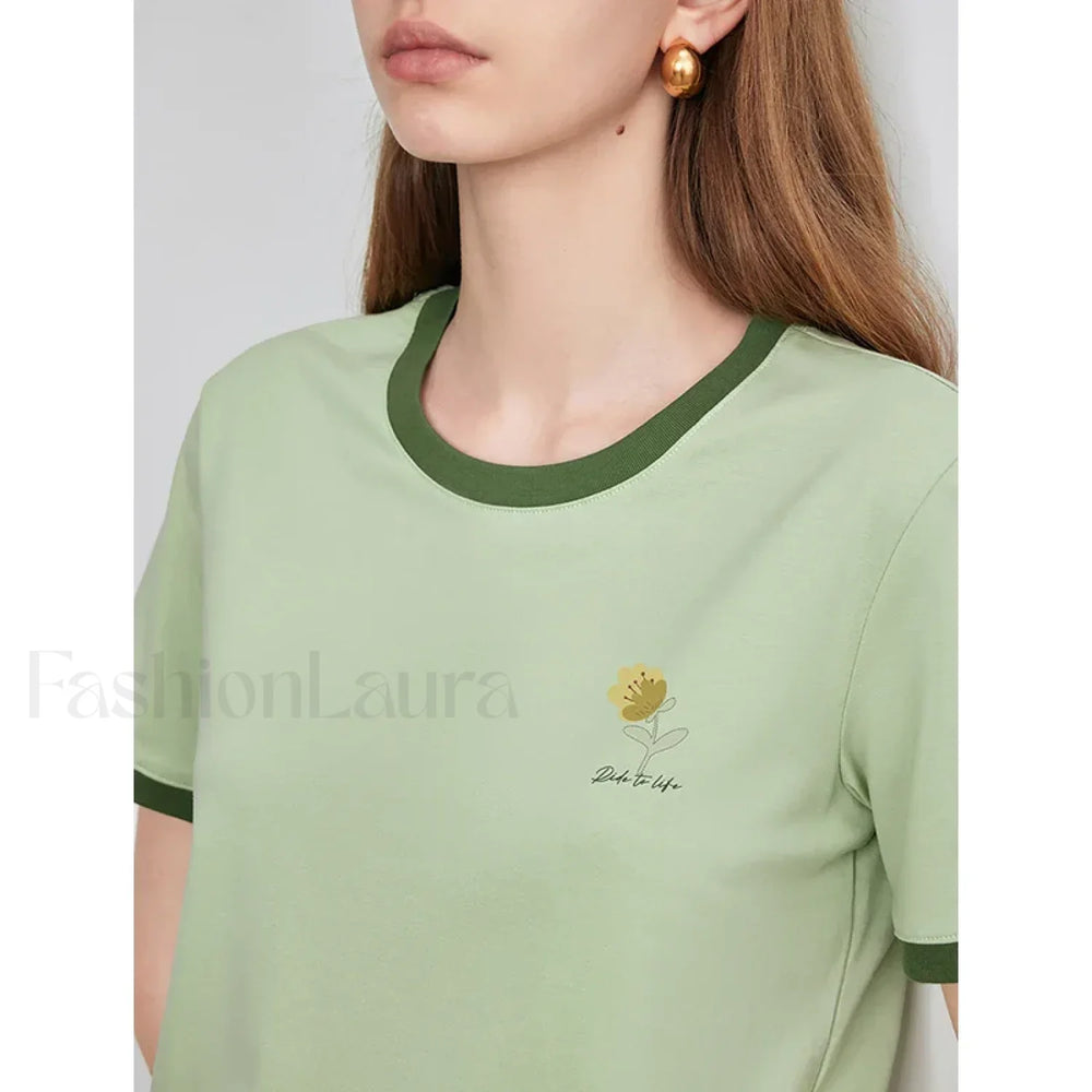 Flower Printed Contrast Pullover T Shirt