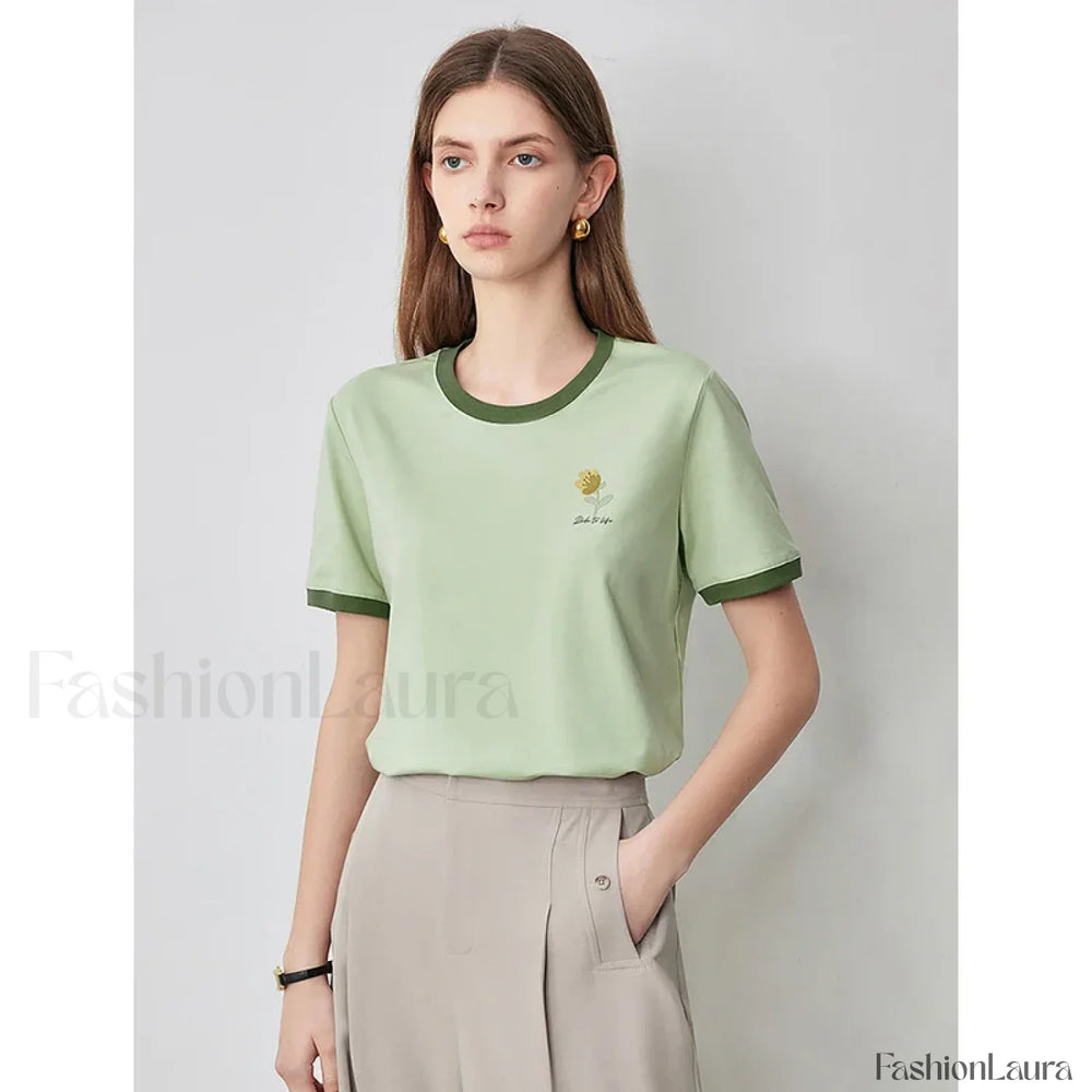 Flower Printed Contrast Pullover T Shirt Light Green / S