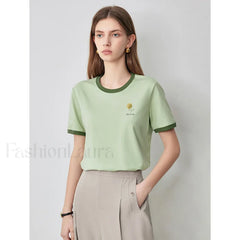 Flower Printed Contrast Pullover T Shirt Light Green / S