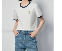 Flower Printed Contrast Pullover T Shirt White / S