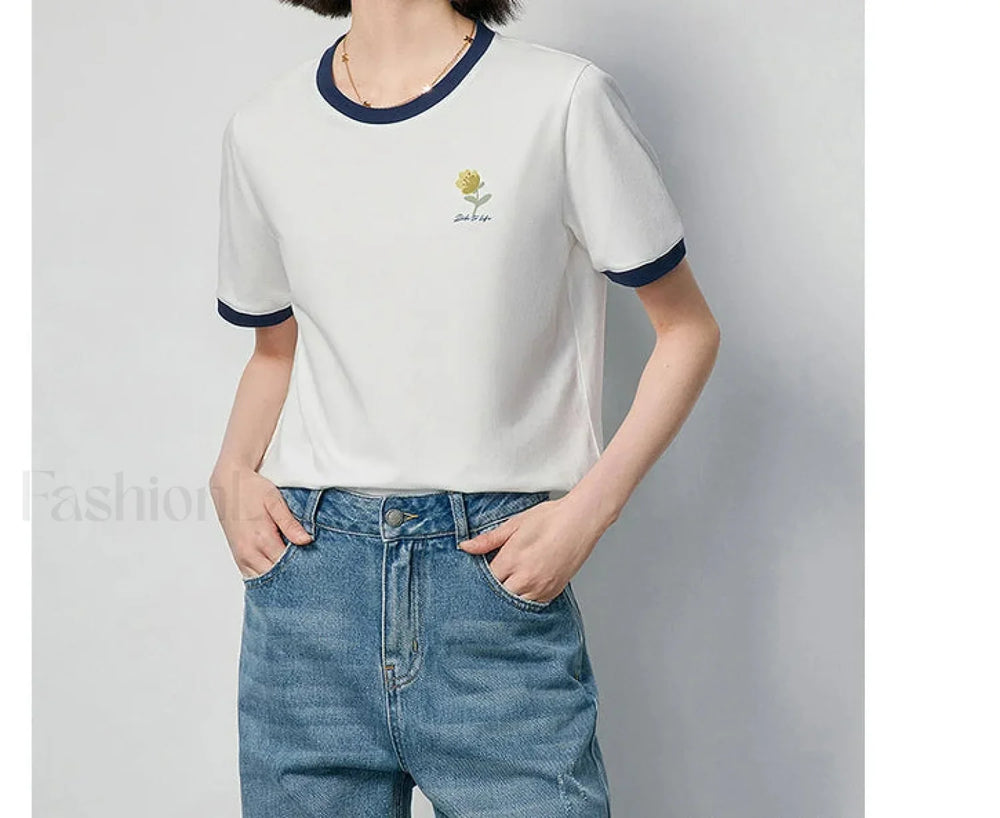 Flower Printed Contrast Pullover T Shirt White / S