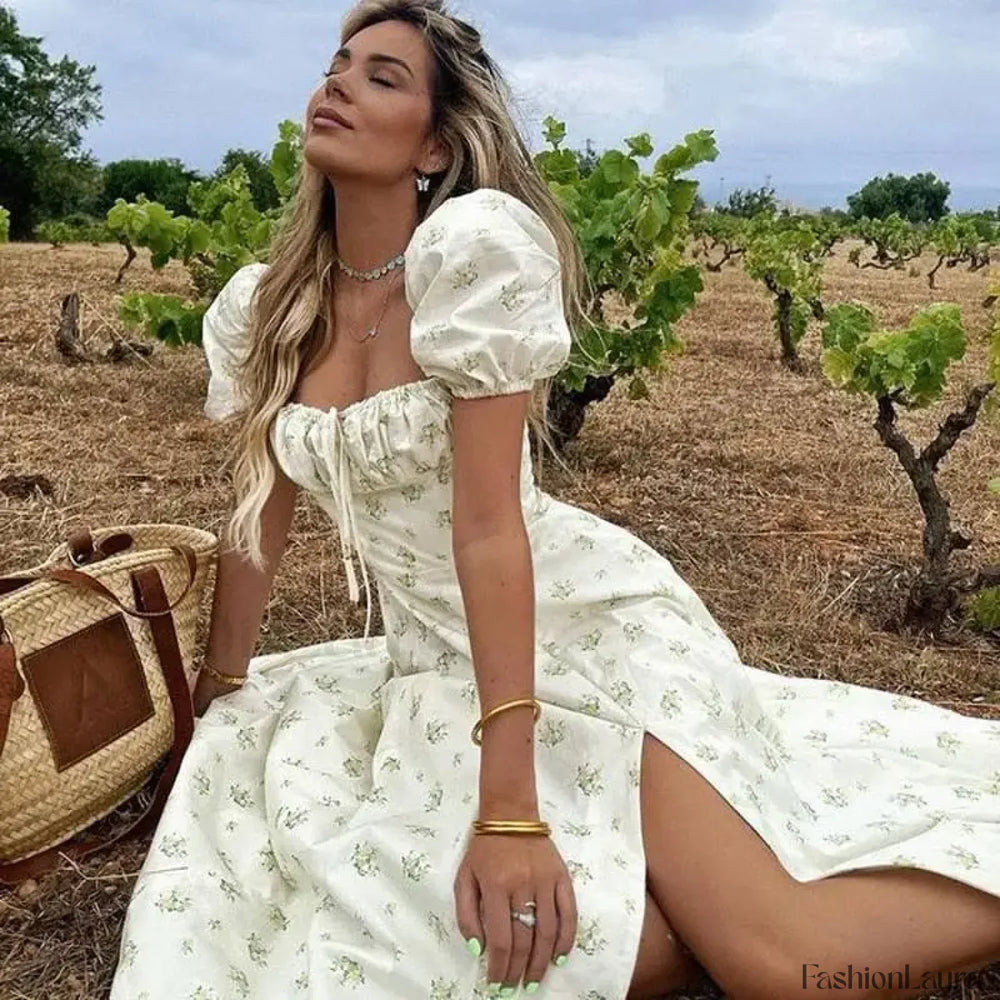 Flower Short Sleeve Maxi Dress WHITE PRINTED 1 / XS