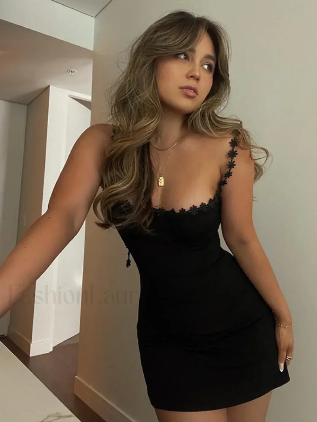 Flower Strap Slash Mini Dress BLACK / S