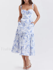 Forget Me Not Floral Pockets Zippered Long Dress Dresses