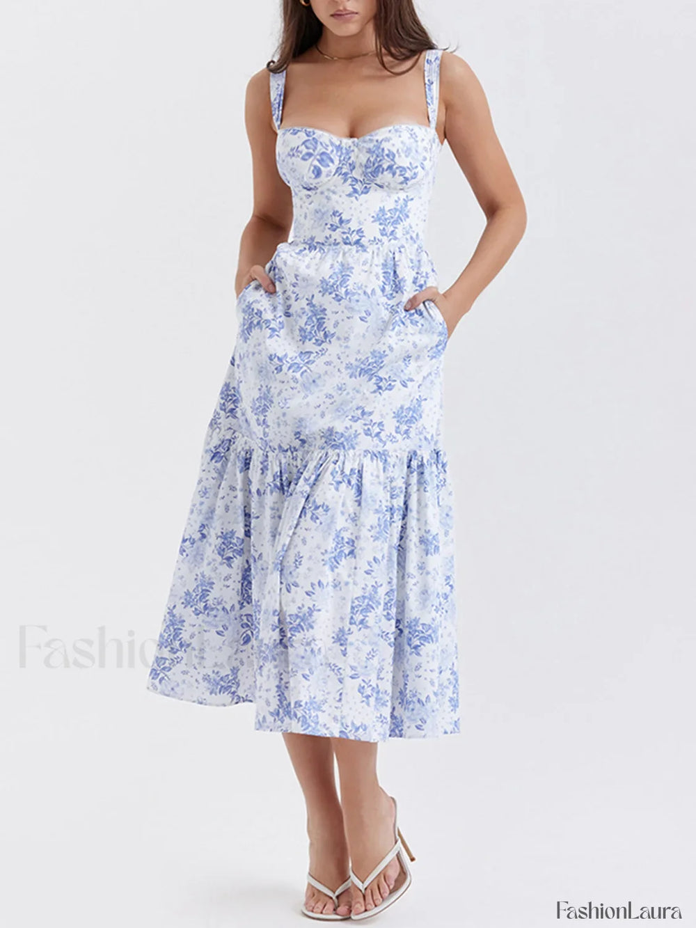 Forget Me Not Floral Pockets Zippered Long Dress Dresses