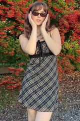 French Checkered Cami Lace Mesh A Line Mini Dress