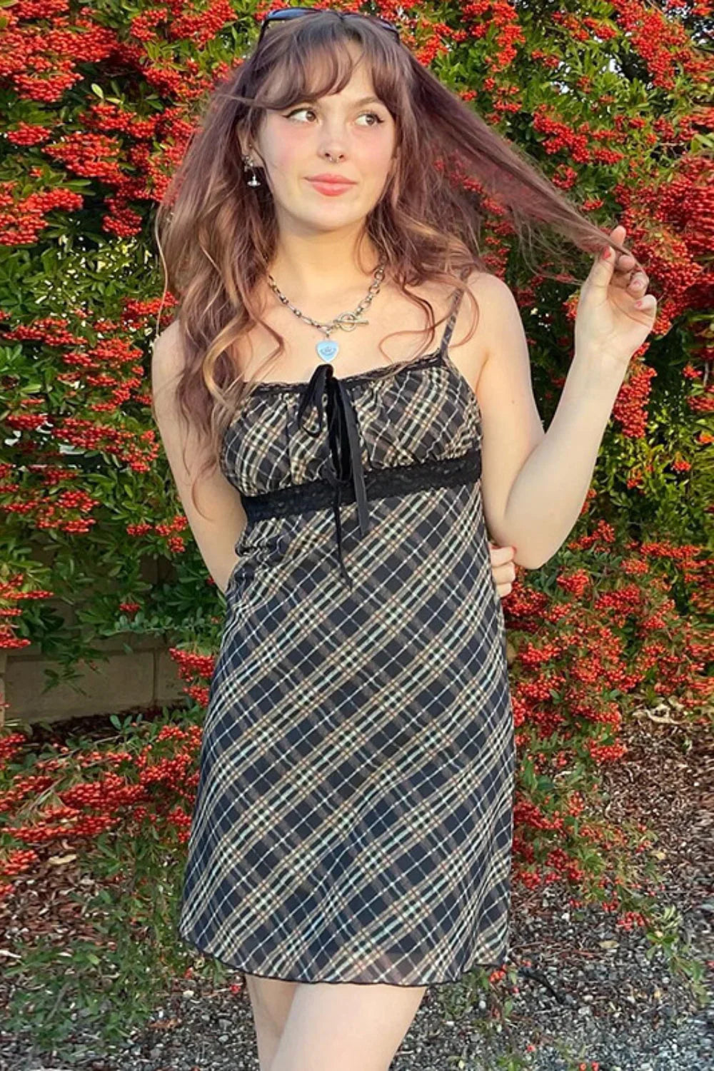 French Checkered Cami Lace Mesh A Line Mini Dress Black / S