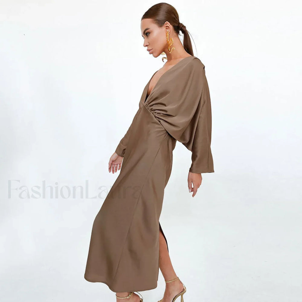 French Style Ruched Deep V Batwing Sleeve Split Cocktail Maxi Dress Brown M / Brown Formal Dresses