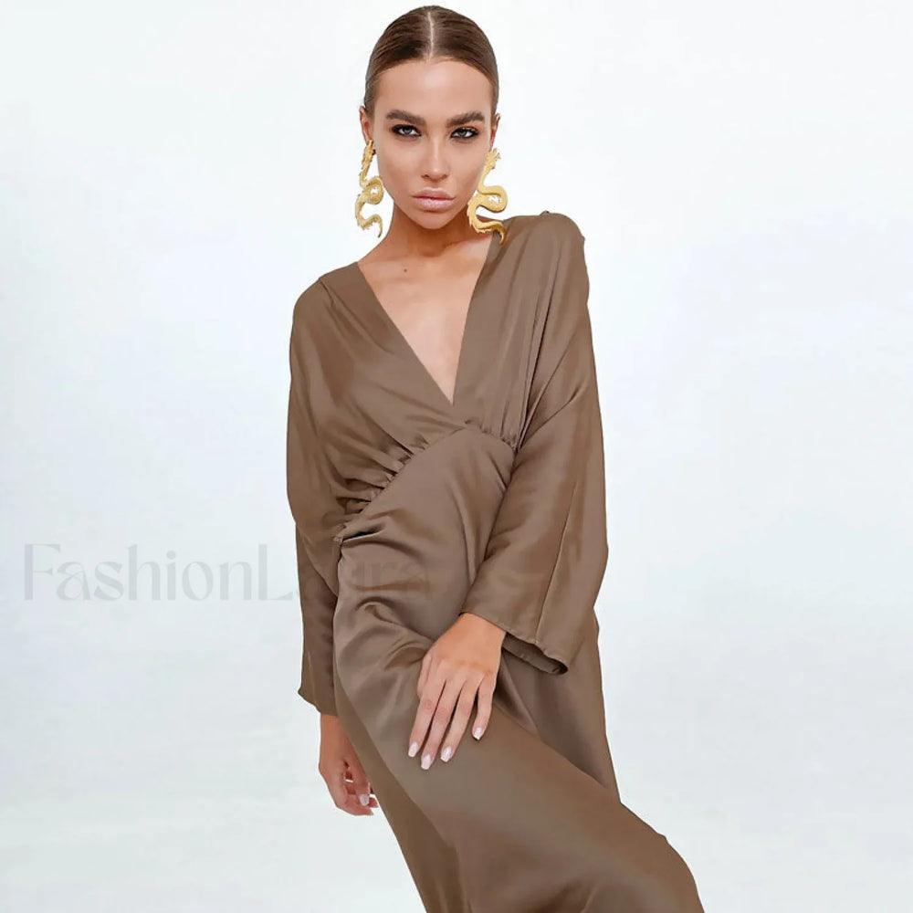 French Style Ruched Deep V Batwing Sleeve Split Cocktail Maxi Dress Brown S / Brown Formal Dresses