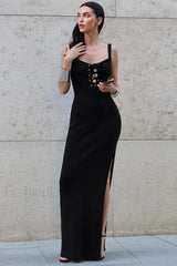 French Style V Neck Strappy High Split Waist Wrap Maxi Dress