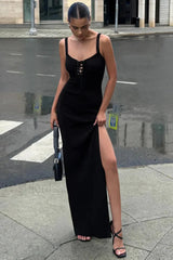 French Style V Neck Strappy High Split Waist Wrap Maxi Dress Black / S