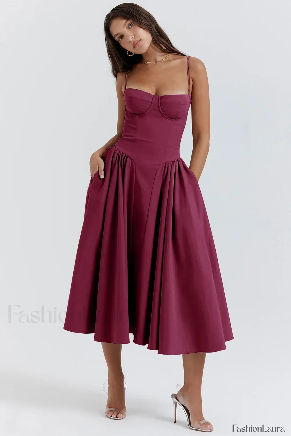 French Vintage Strap Midi Dress Burgundy / S