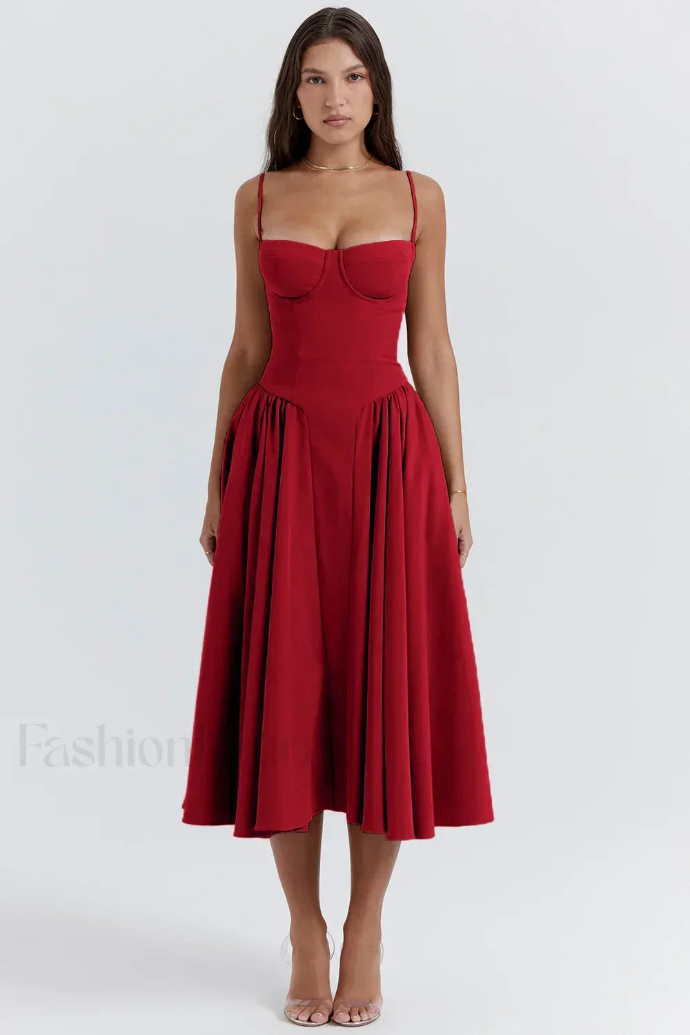 French Vintage Strap Midi Dress Red / S