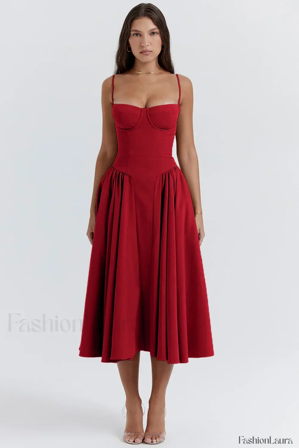 French Vintage Strap Midi Dress Red / S