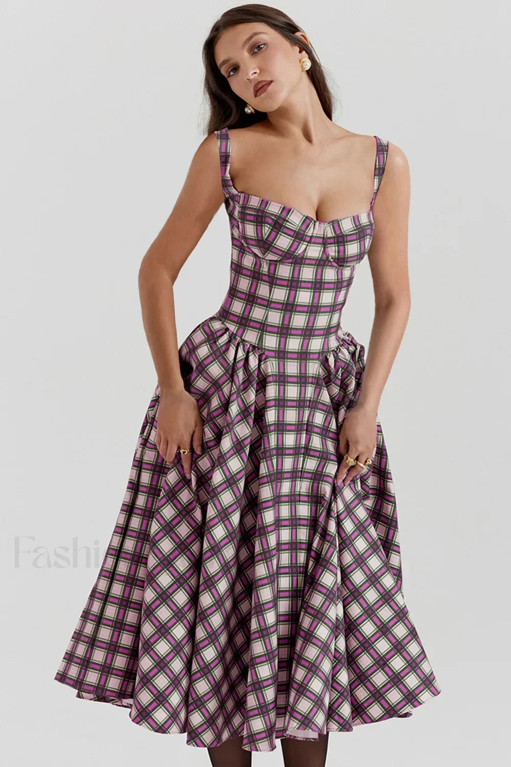 French Vintage Strap Midi Dress Tartan / S