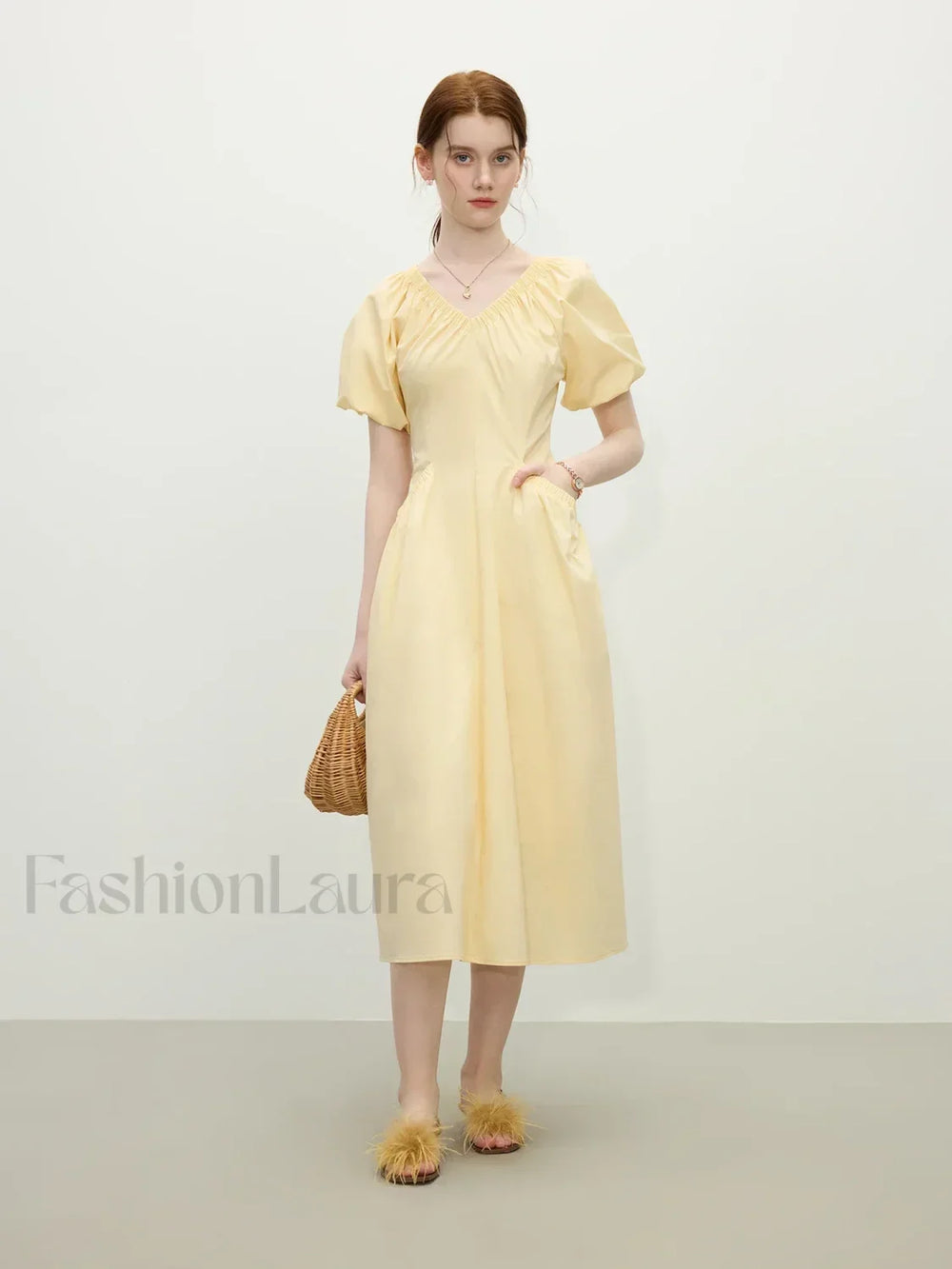 French Waist Slim Midi Dress Yellow / XS