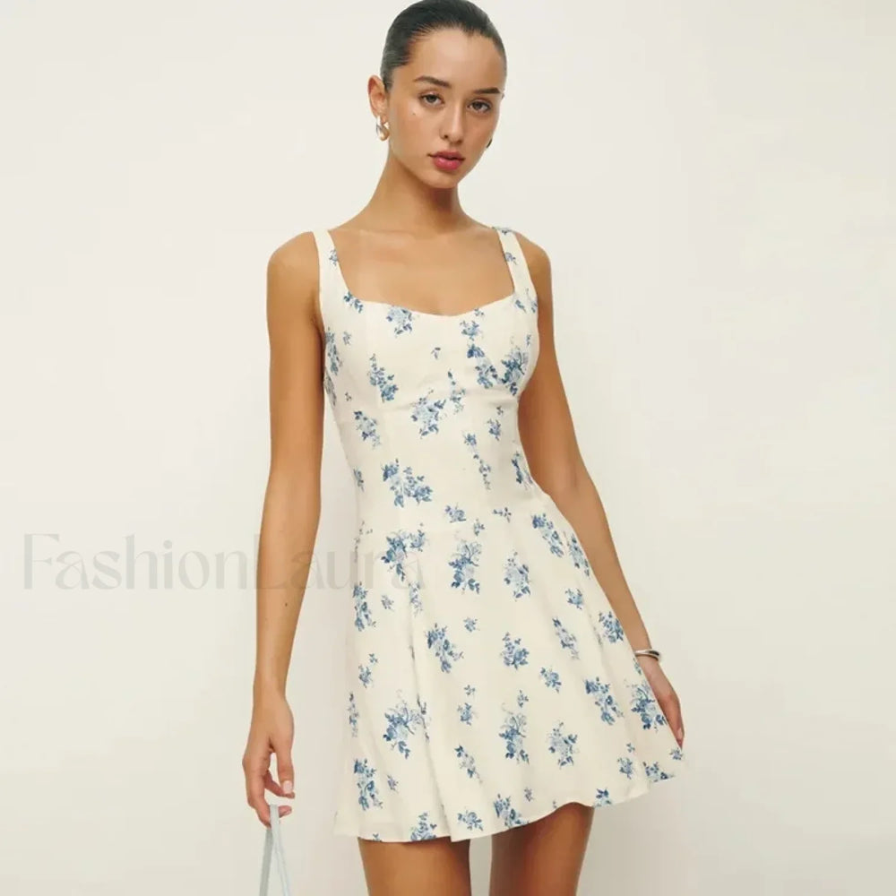 Fresh Square Collar Floral Dress White / S