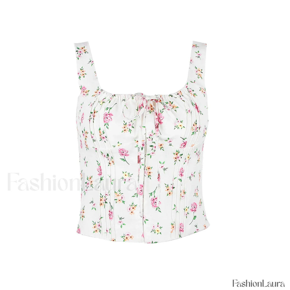 Fresh Tie Front Square Neck Frill Bustier Floral Printed Tank Top Pink Floral Tops