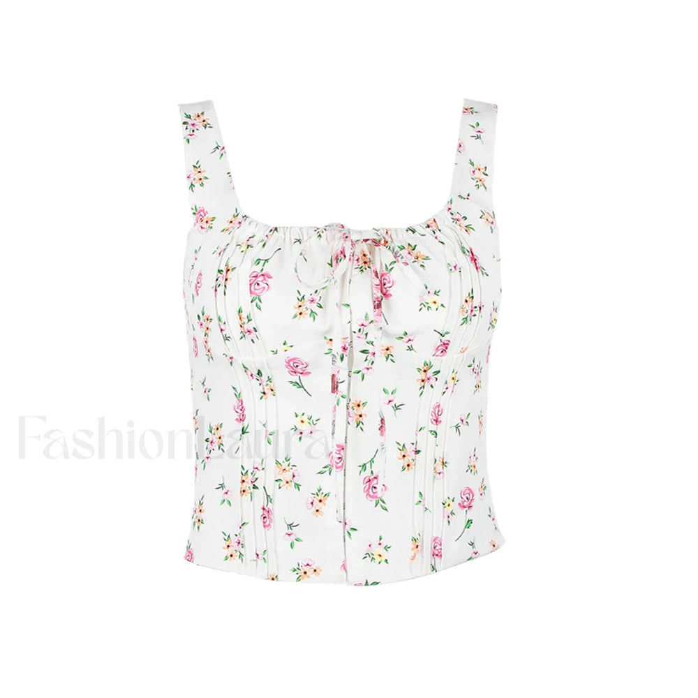Fresh Tie Front Square Neck Frill Bustier Floral Printed Tank Top Pink Floral Tops